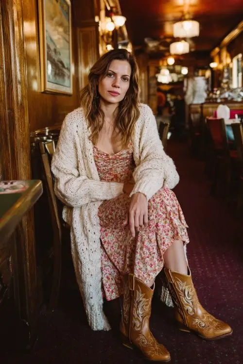 A woman over 30 wears a long knit cardigan over a floral midi dress with embroidered cowboy boots