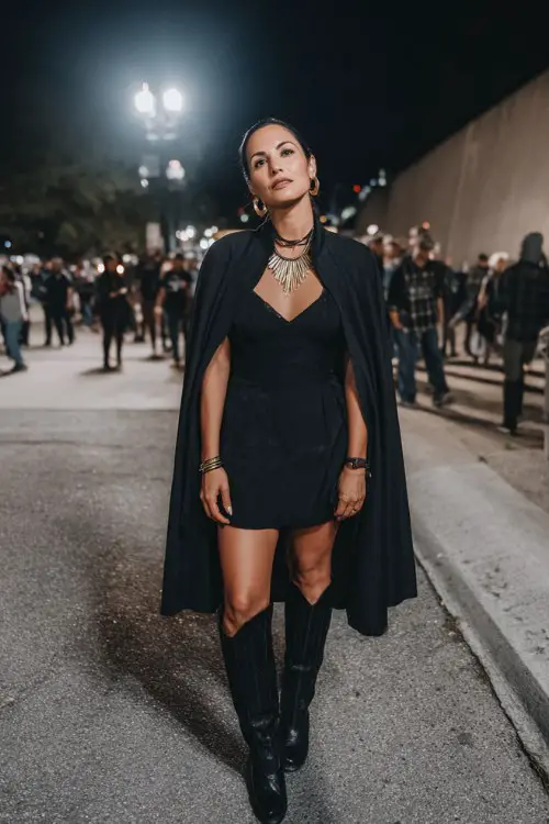 A woman over 30 wears a monochrome all-black look with a dramatic cape-style jacket over a fitted mini dress