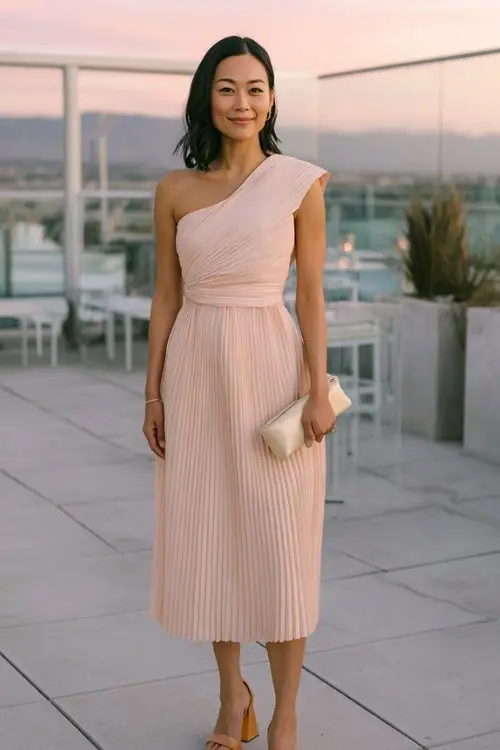 A woman over 30 wears a pastel pleated midi dress with asymmetrical neckline, elegant block heels, and a structured clutch, modern rooftop wedding venue