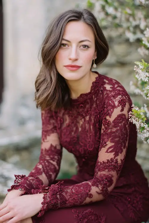 A woman over 30 wears a romantic burgundy lace midi dress with embroidered cuffs, scalloped neckline, and classic pumps