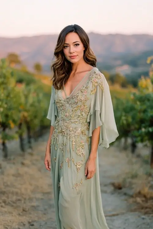 A woman over 30 wears a sage hand-embroidered chiffon dress with floral beadwork, flowing cape detail, and elegant heels