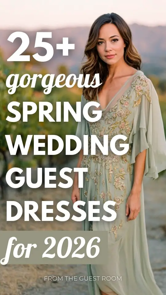 A woman over 30 wears a sage hand-embroidered chiffon spring wedding guest dress with floral beadwork, flowing cape detail, and elegant heels