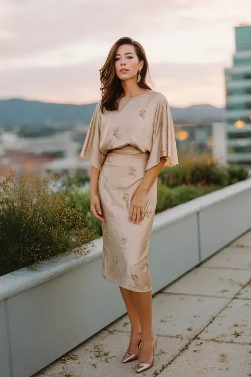 A woman over 30 wears a silk dress with cape sleeves and subtle embroidered motifs, paired with metallic pumps, rooftop garden wedding background