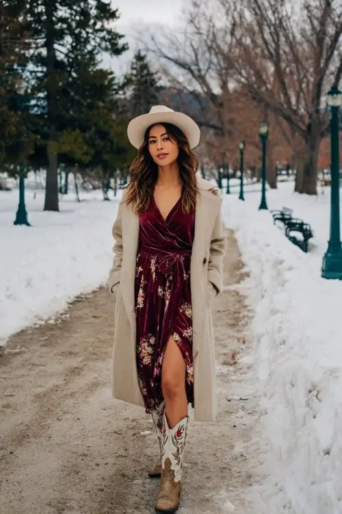A woman over 30 wears a velvet wrap dress with embroidered cowboy boots and a longline wool coat