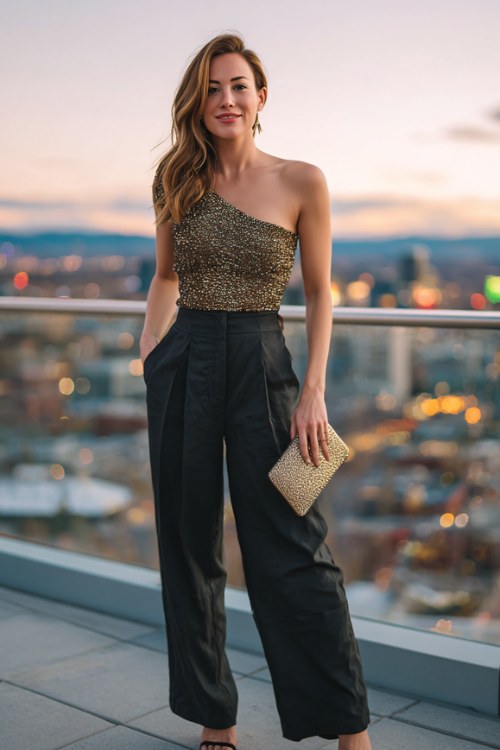 A woman over 30 wears high-waisted wide-leg pants with a sparkling asymmetrical top and sleek heels, styled with a metallic clutch