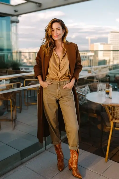 A woman over 30 wears straight-leg jeans cuffed at the ankle with pointed tan cowboy boots, a silk button-up blouse, and a wool wrap coat