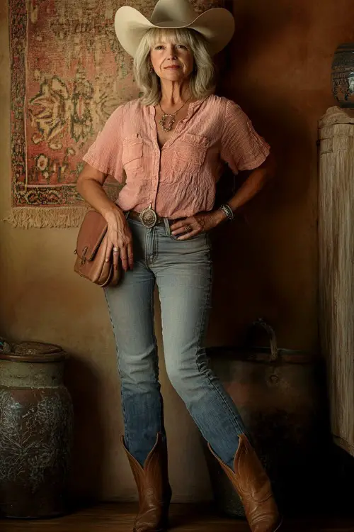 A woman over 40 in a sleeveless linen blouse tucked into high-waisted bootcut jeans, paired with brown cowboy boots and a small leather handbag (3)