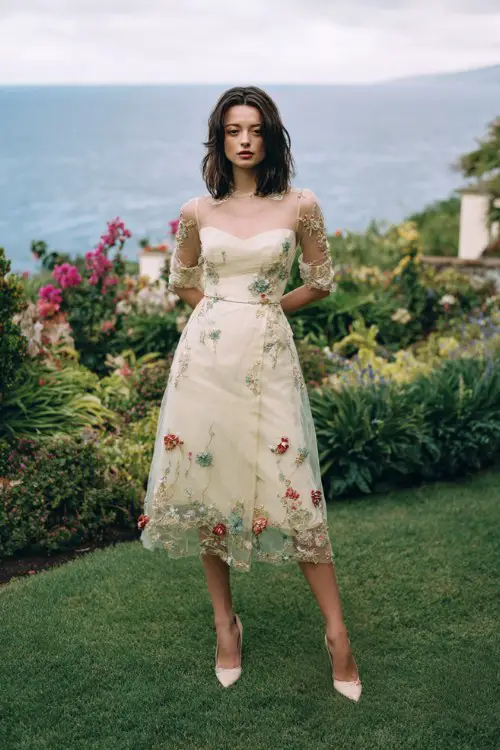 A woman over 40 wears a classy tea-length dress featuring embroidered sheer sleeves and floral appliqué along the skirt hem