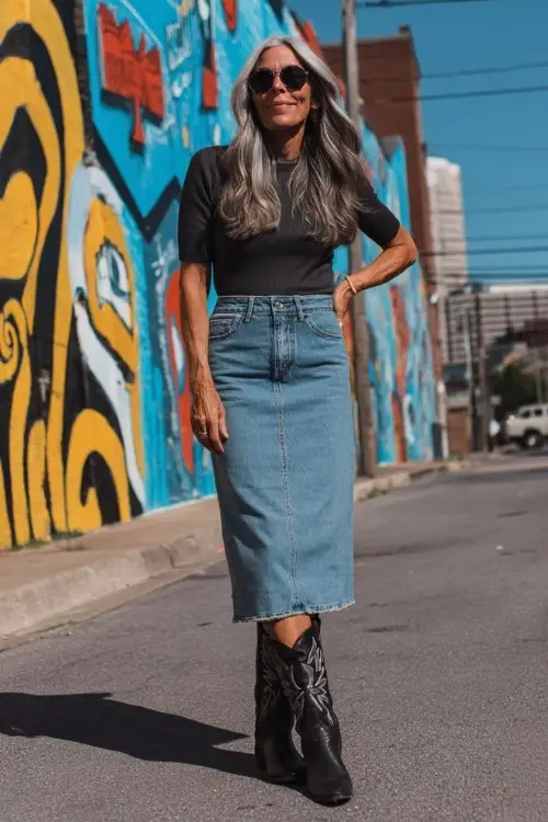 A woman over 40 wears a denim midi skirt, ribbed fitted top, and tall black cowboy boots