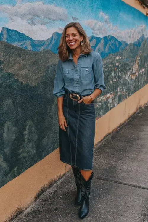 A woman over 40 wears a denim midi skirt, ribbed fitted top, and tall black cowboy boots