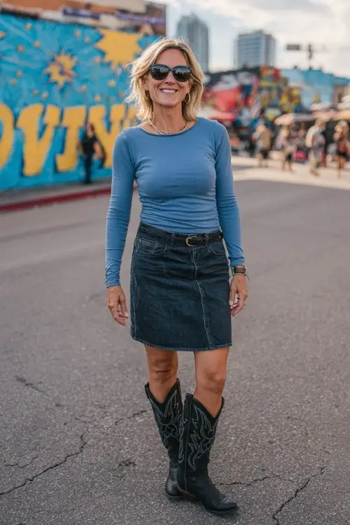 A woman over 40 wears a denim midi skirt, ribbed fitted top, and tall black cowboy boots