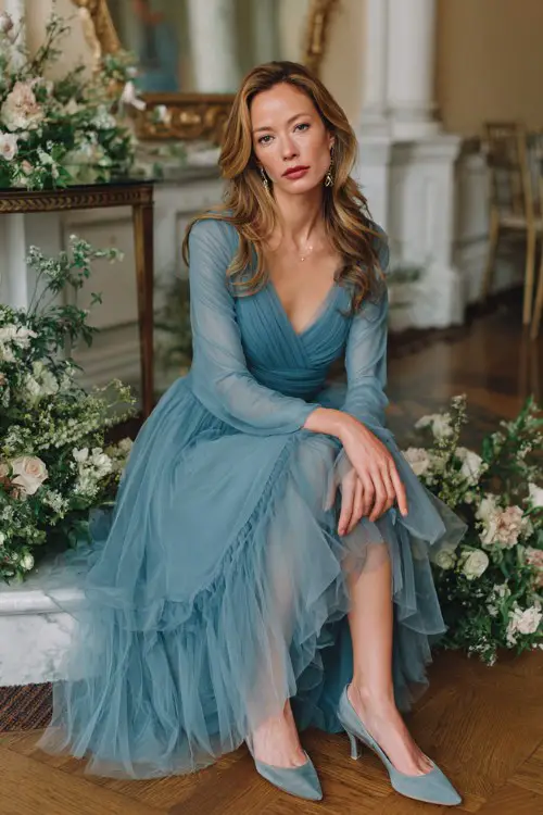 A woman over 40 wears a dusty blue layered tulle dress with long sleeves and refined drape, paired with classic pumps and minimal jewelry