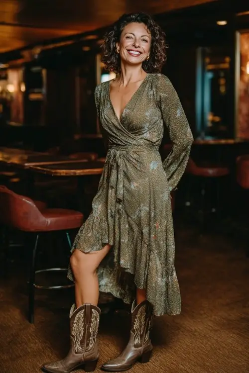 A woman over 40 wears a flowy wrap midi dress with subtle shimmer and vintage-style cowboy boots