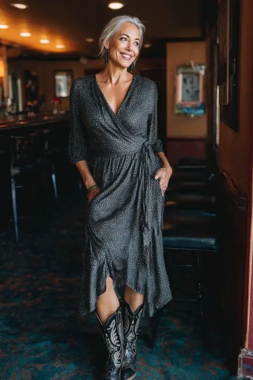 A woman over 40 wears a flowy wrap midi dress with subtle shimmer and vintage-style cowboy boots