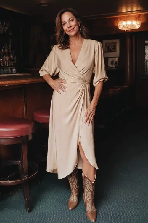 A woman over 40 wears a flowy wrap midi dress with subtle shimmer and vintage-style cowboy boots