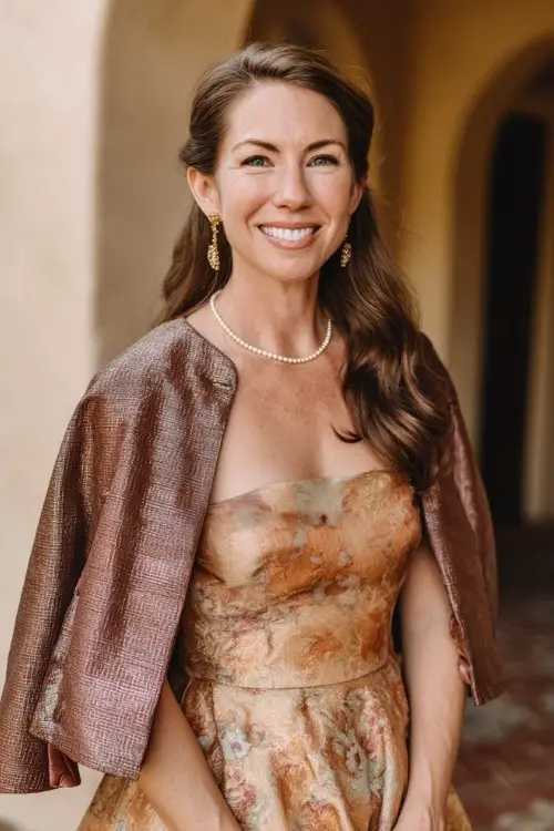 A woman over 40 wears a jacquard floral midi dress with subtle metallic threads, tailored cape jacket, and pearl accessories