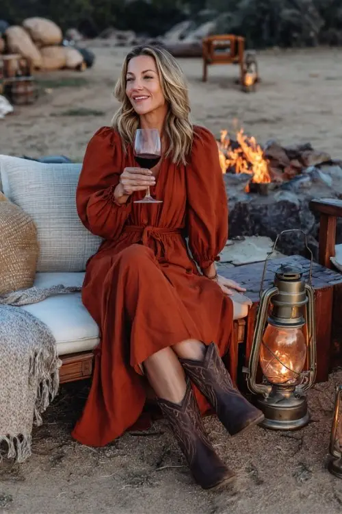A woman over 40 wears a rust-colored midi dress with puff sleeves and brown cowboy boots