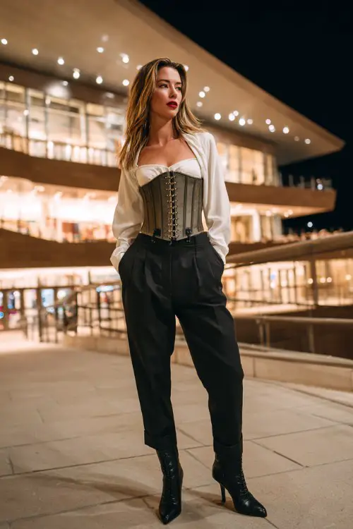 A woman over 40 wears a sharply structured corset layered over a crisp oversized shirt with tailored trousers, paired with heeled boots