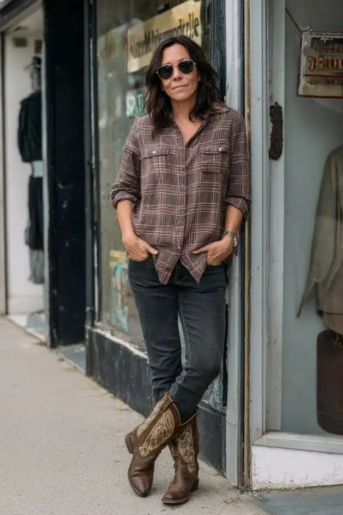A woman over 40 wears a soft plaid shirt tucked into dark skinny jeans, styled with distressed brown cowboy boots