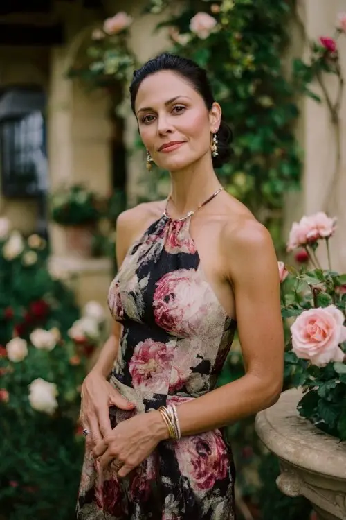 A woman over 40 wears a tailored floral brocade dress with kitten heels and layered bracelets, historic estate wedding courtyard with roses in bloom