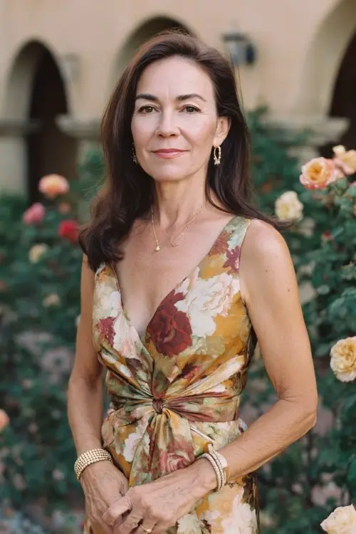 A woman over 40 wears a tailored floral brocade dress with kitten heels and layered bracelets