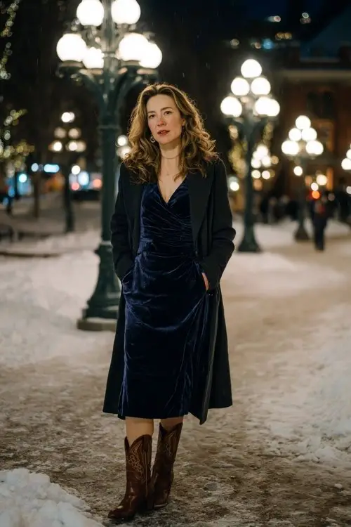 A woman over 40 wears a tailored velvet dress in midnight blue with a structured coat and brown heeled cowboy boots