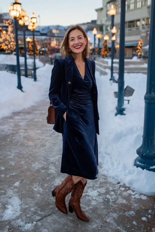 A woman over 40 wears a tailored velvet dress in midnight blue with a structured coat and brown heeled cowboy boots