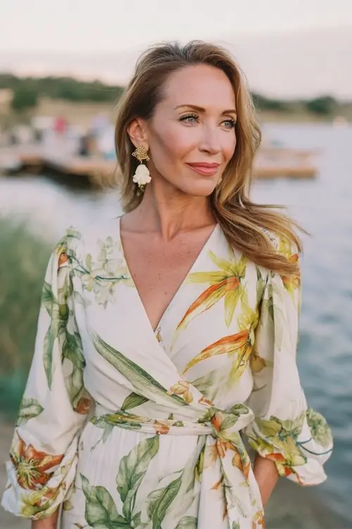 A woman over 40 wears a wrap dress with painted botanical prints, flowing sleeves, and statement earrings, outdoor lakeside wedding venue