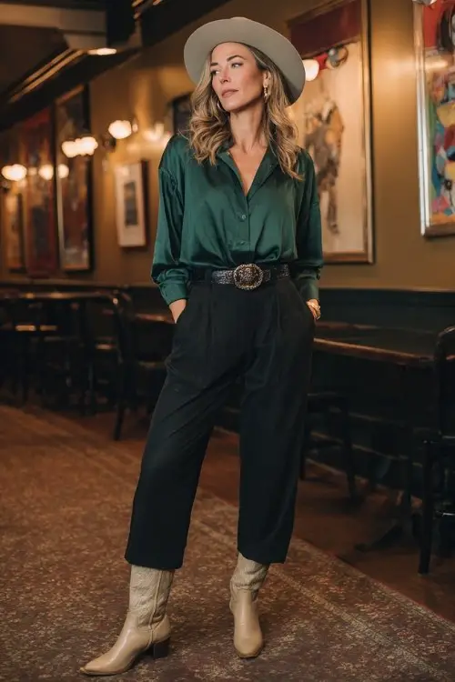 A woman over 40 wears tailored black trousers with a deep green blouse tucked in, styled with beige cowboy boots