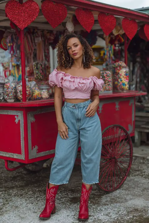 A woman standing in front of a candy cart decorated with red glitter hearts, wearing a ruffled pink crop top and high-waisted blue jeans paired with bright red cowboy boots