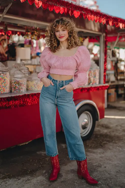 A woman standing in front of a candy cart decorated with red glitter hearts, wearing a ruffled pink crop top with long puff sleeves and high-waisted straigh leg blue jeans