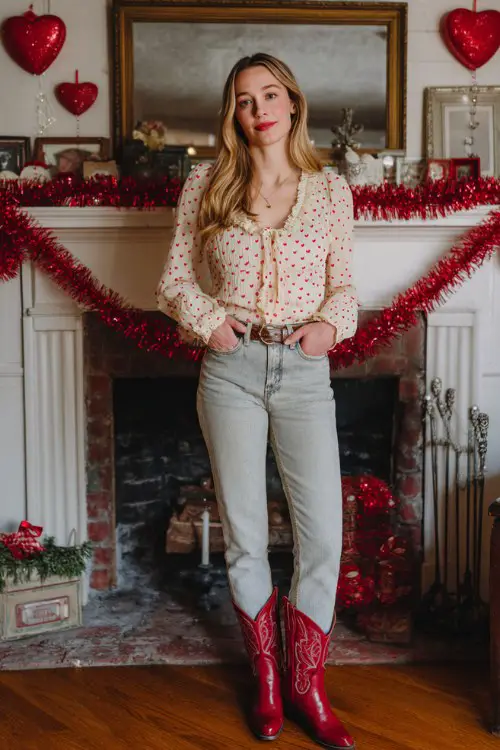 A woman standing in front of a decorated fireplace wearing a cream blouse with tiny red hearts tucked into light-wash skinny jeans and red classic cowboy boots