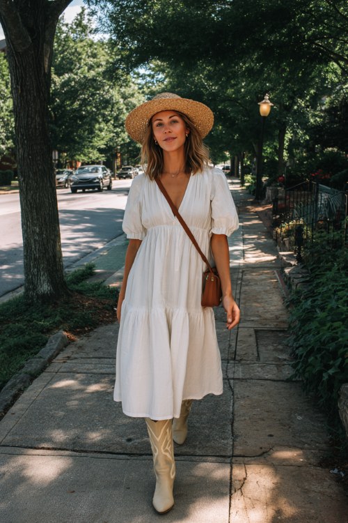 A woman walking down a charming Nashville street, wearing a white smocked tiered midi dress, a woven straw cowboy hat