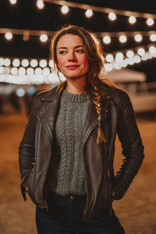 A woman wearing a fitted leather jacket over a knit sweater, dark jeans, and cowboy boots