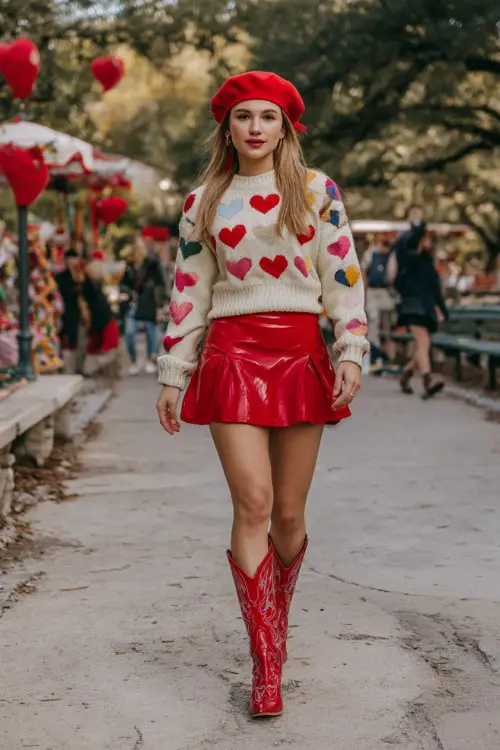 A woman wearing a heart-print sweater and flared mini skirt with red cowboy boots and a red beret
