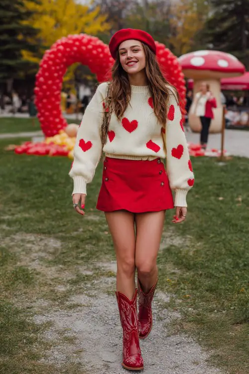A woman wearing a heart-print sweater and flared mini skirt with red cowboy boots and a red beret
