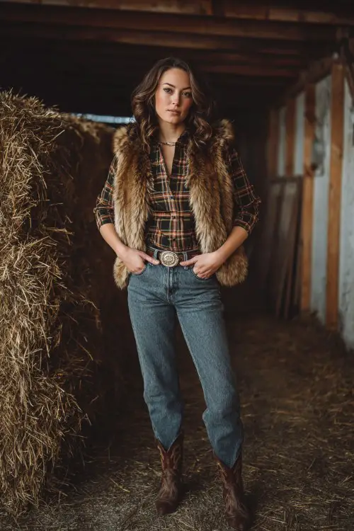 A woman wearing a plaid button-down shirt layered with a faux fur vest, high-waisted jeans, statement belt buckle, and cowboy boots, standing in a rustic barn with hay bales