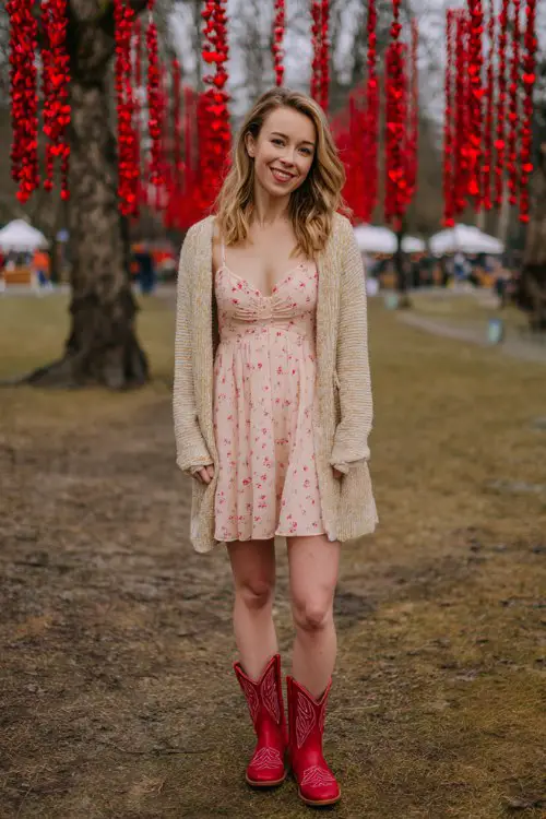 A woman wearing a soft pink floral sundress layered with a cozy beige cardigan and bold red cowboy boots