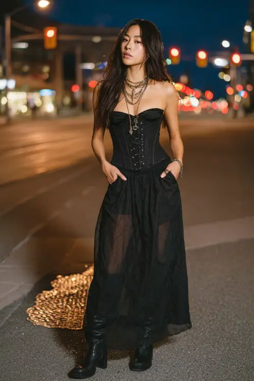 A woman wears a black corset top with a flowing sheer maxi skirt and heeled boots, accessorized with layered necklaces