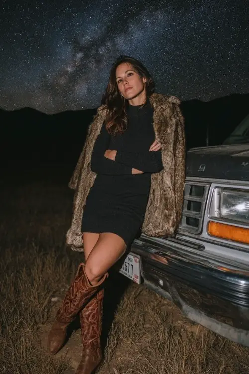 A woman wears a black long-sleeve sweater dress with a fur-trimmed coat and brown cowboy boots