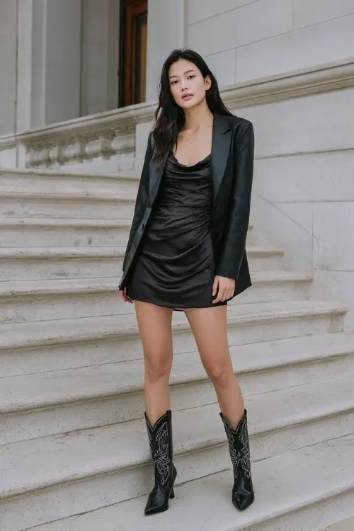 A woman wears a black satin mini dress with a cowl neckline, layered under a tailored faux leather blazer and styled with pointed black cowboy boots