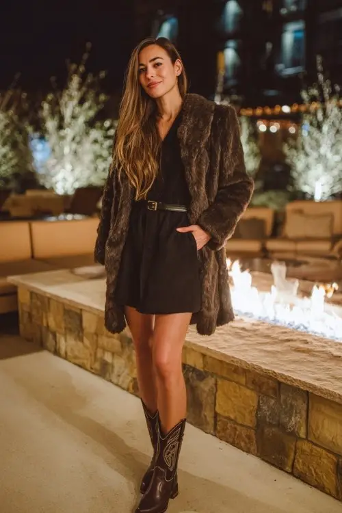 A woman wears a black wool mini dress with long sleeves, paired with dark brown cowboy boots and a belted faux fur coat
