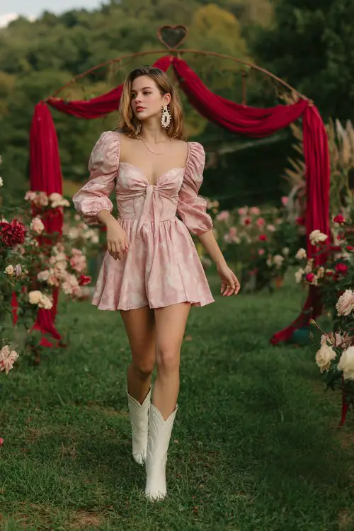 A woman wears a blush pink fit-and-flare mini dress with puff sleeves, heart-shaped earrings, and white cowboy boots