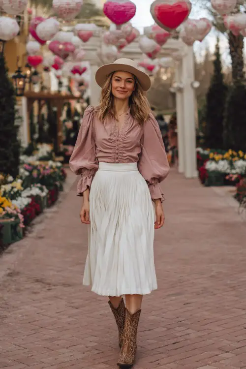 A woman wears a blush pink puff-sleeve blouse tucked into a white pleated midi skirt with brown cowboy boots and a beige hat