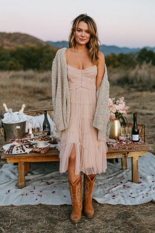 A woman wears a blush tulle midi dress with a cropped cardigan and tan cowboy boots, standing near a picnic-style date setup