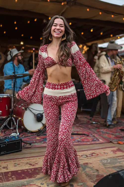 A woman wears a bohemian red-and-white printed two-piece outfit with wide bell sleeves and ruffle hem pants