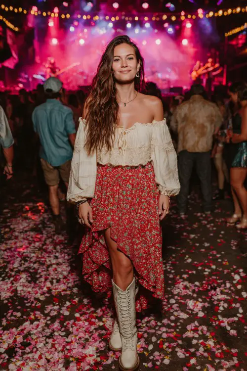 A woman wears a boho red floral skirt with a flowy off-the-shoulder cream blouse and lace-up boots