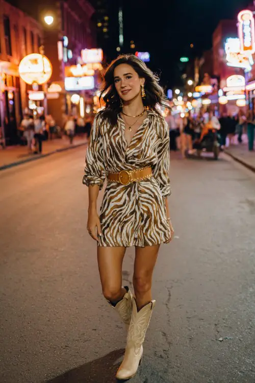 A woman wears a bold animal-print mini dress with beige cowboy boots, styled with a wide belt and statement earring (2)