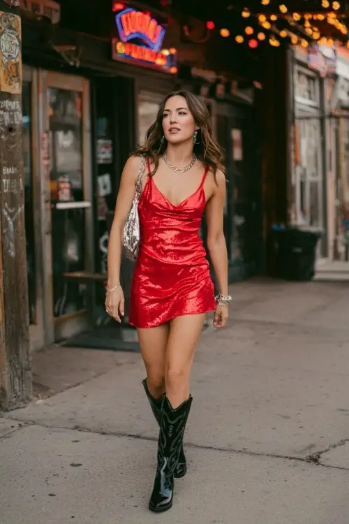 A woman wears a bold red mini dress with silver accessories and shiny black boots