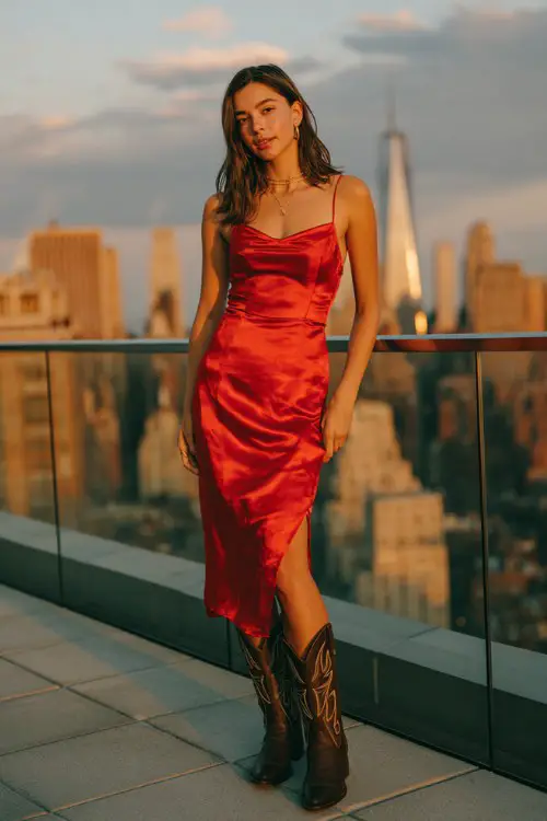 A woman wears a bold red satin midi dress with a sleek silhouette, paired with dark brown cowboy boots and minimal jewelry
